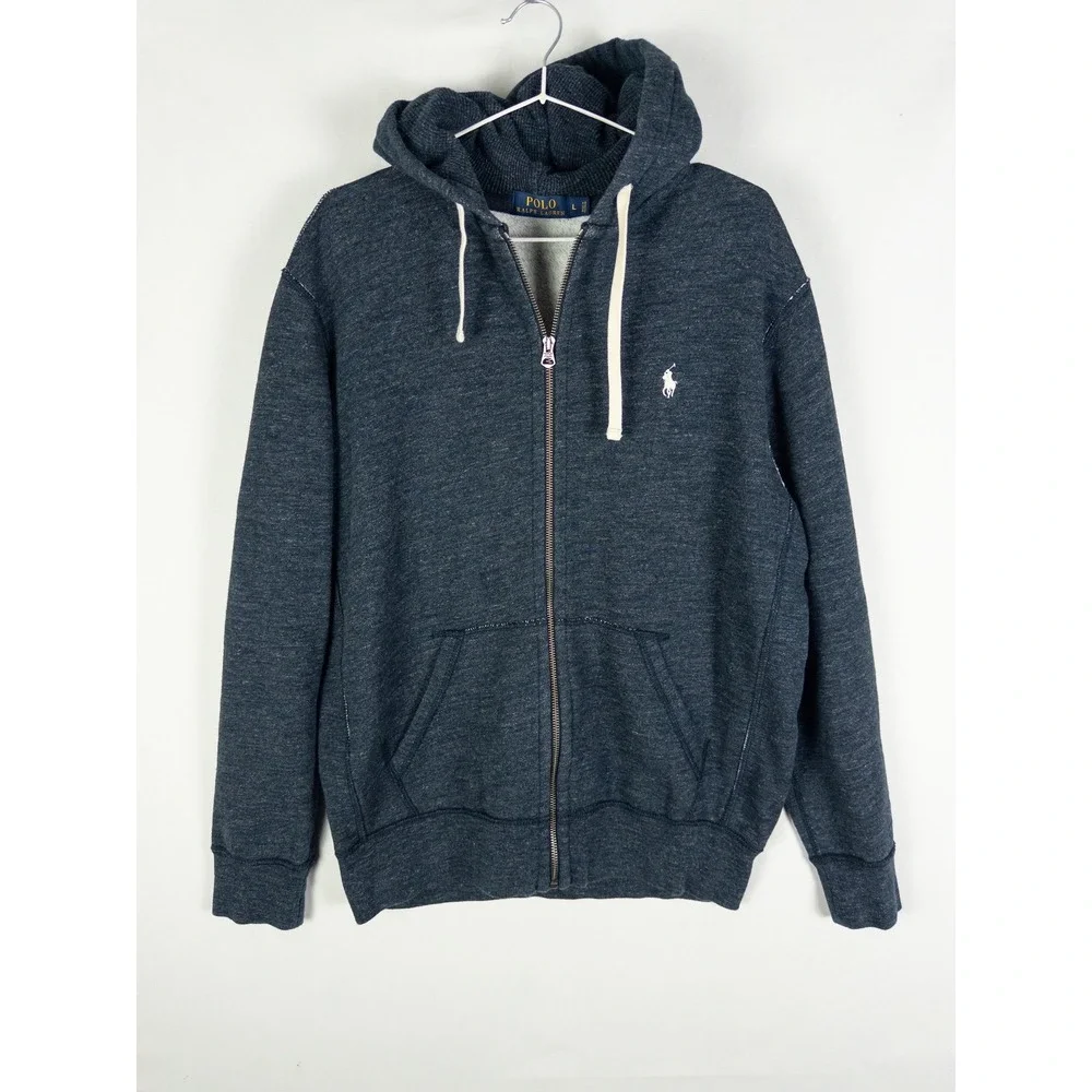 Polo Ralph Lauren Full Zip Hoodie Sweatshirt Mens L Heather Navy Preppy Streetwe